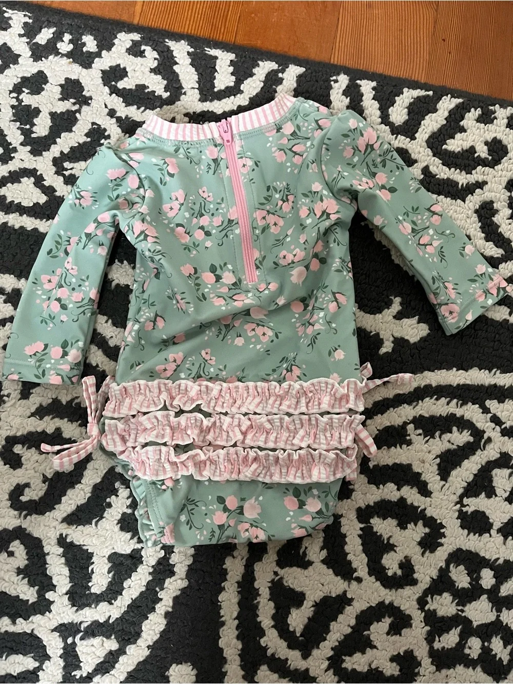 Ruffle Butts Mint Green Floral Long-Sleeve Swimsuit with Pink Accents